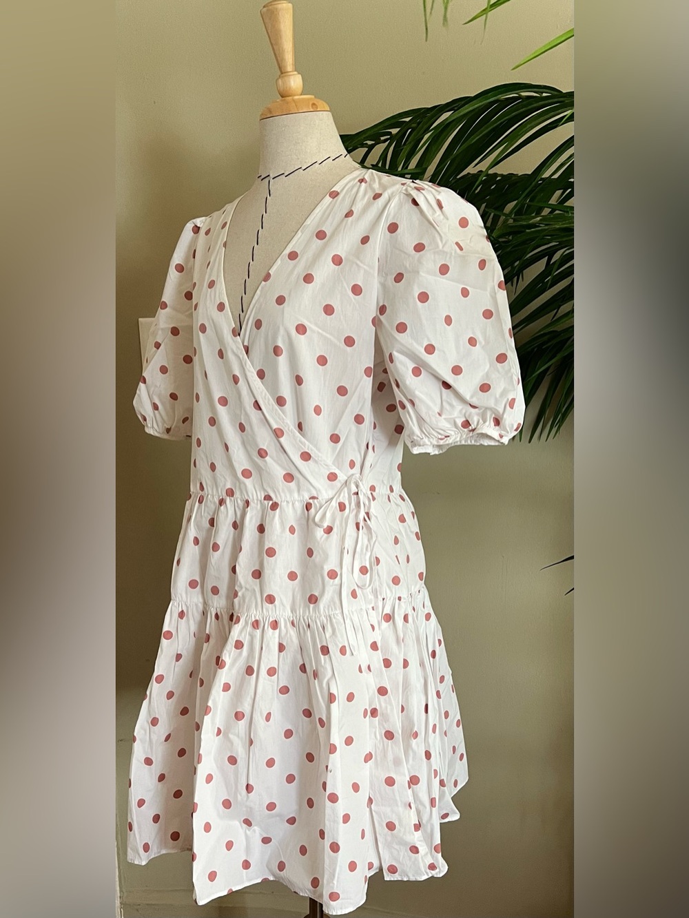 Flowy White Pink Polka Dot Wrap Mini Dress with Puff Sleeves | Size S | Cotton